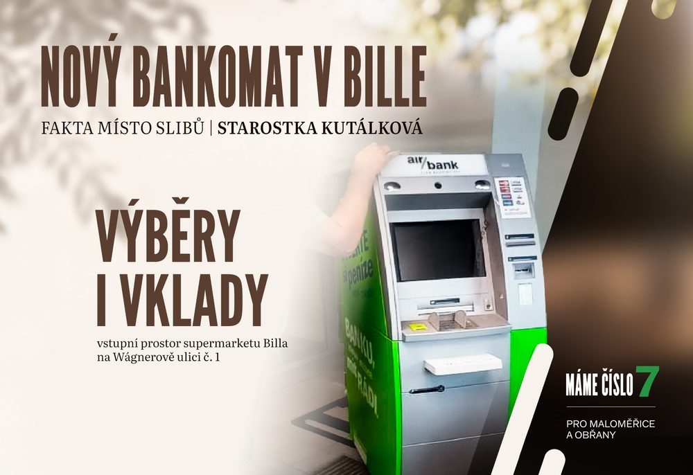 Nový bankomat v Bille: výběry i vklady, vstupní prostor supermarketu Billa na Wágnerově ulici č. 1