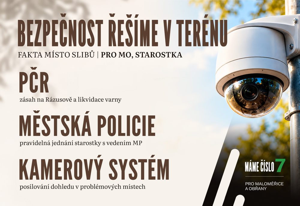Bezpečnost řešíme v terénu: Policie ČR (zásah na Rázusové a likvidace varny), městská policie (pravidelná jednání starostky s vedením MP), kamerový systém (posilování dohledu v problémových místech)